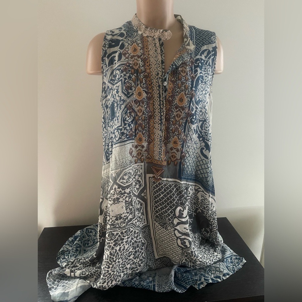 Johnny Was Biya Womens S Embroidered Patchwork Boho Silk Tank Dress